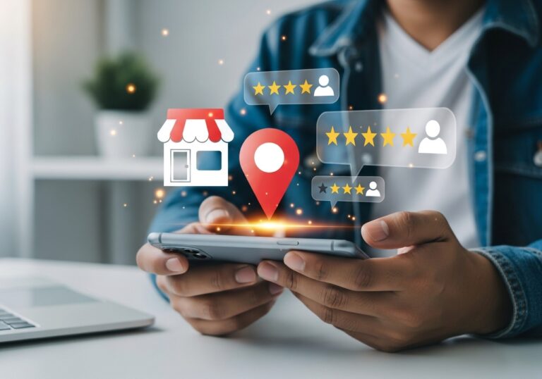 Smartphone com mapa e avaliações de negócio local