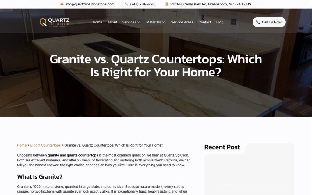 Artigo do blog da Quartz Solution comparando granito e quartzo