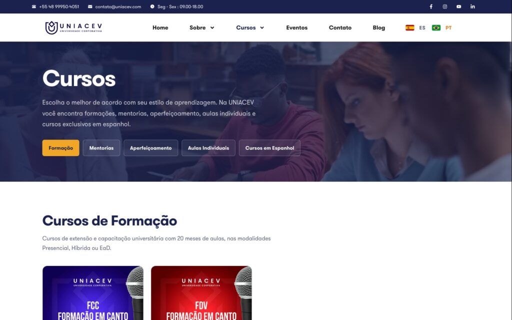 Página de cursos da UNIACEV