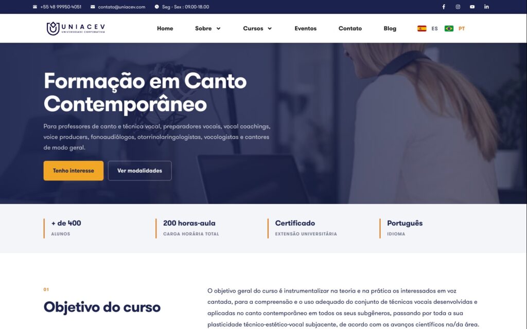 Página da Formação em Canto Contemporâneo da UNIACEV