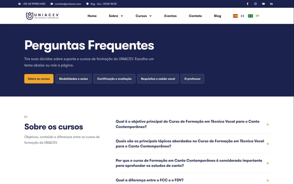 Página de perguntas frequentes da UNIACEV